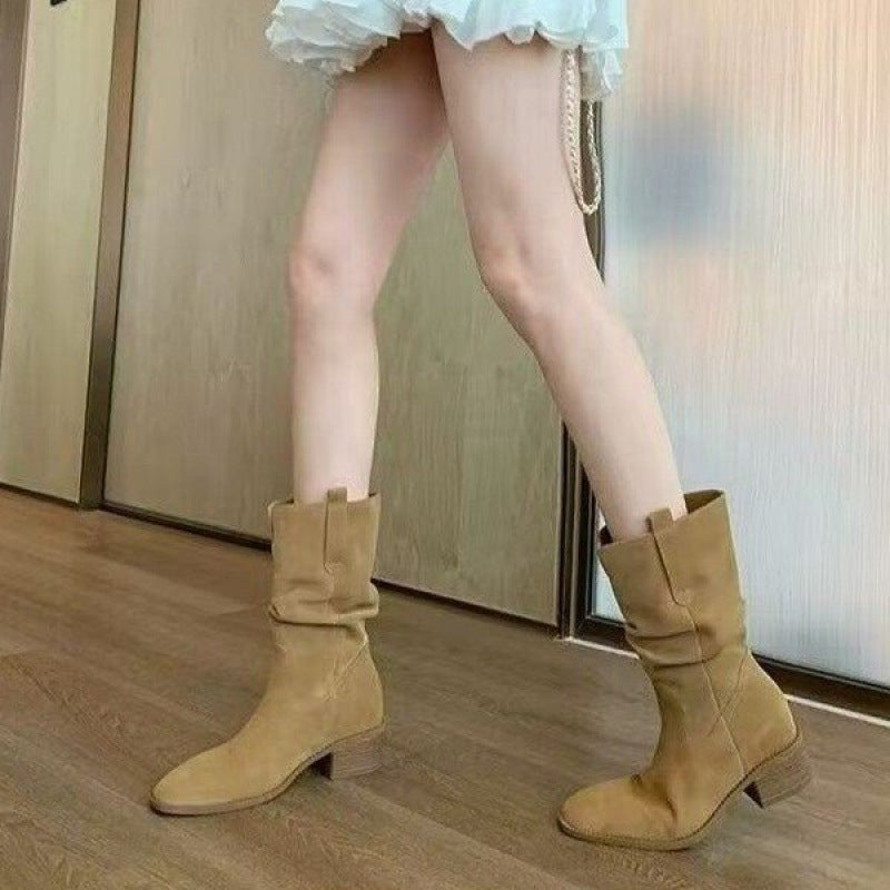 Botines plisados de piel de vaca para mujer, estilo occidental de otoño