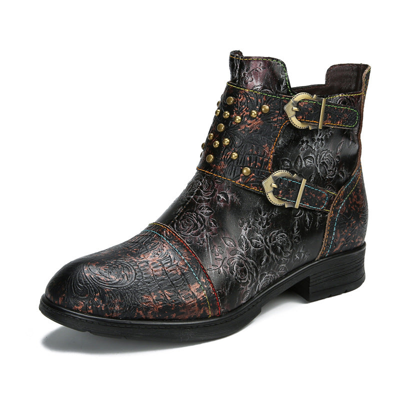 Botas de moda para mujer con hebilla de remache retro. Consulta la tabla de tallas en "más detalles".