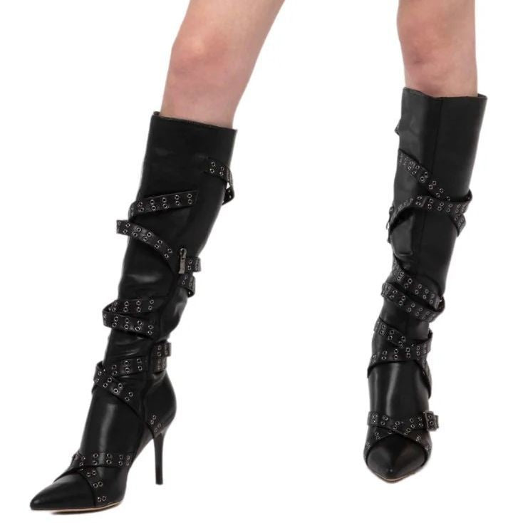 Strap-detail Pointed-toe Studded High-heeled Over-the-knee Boots For Women