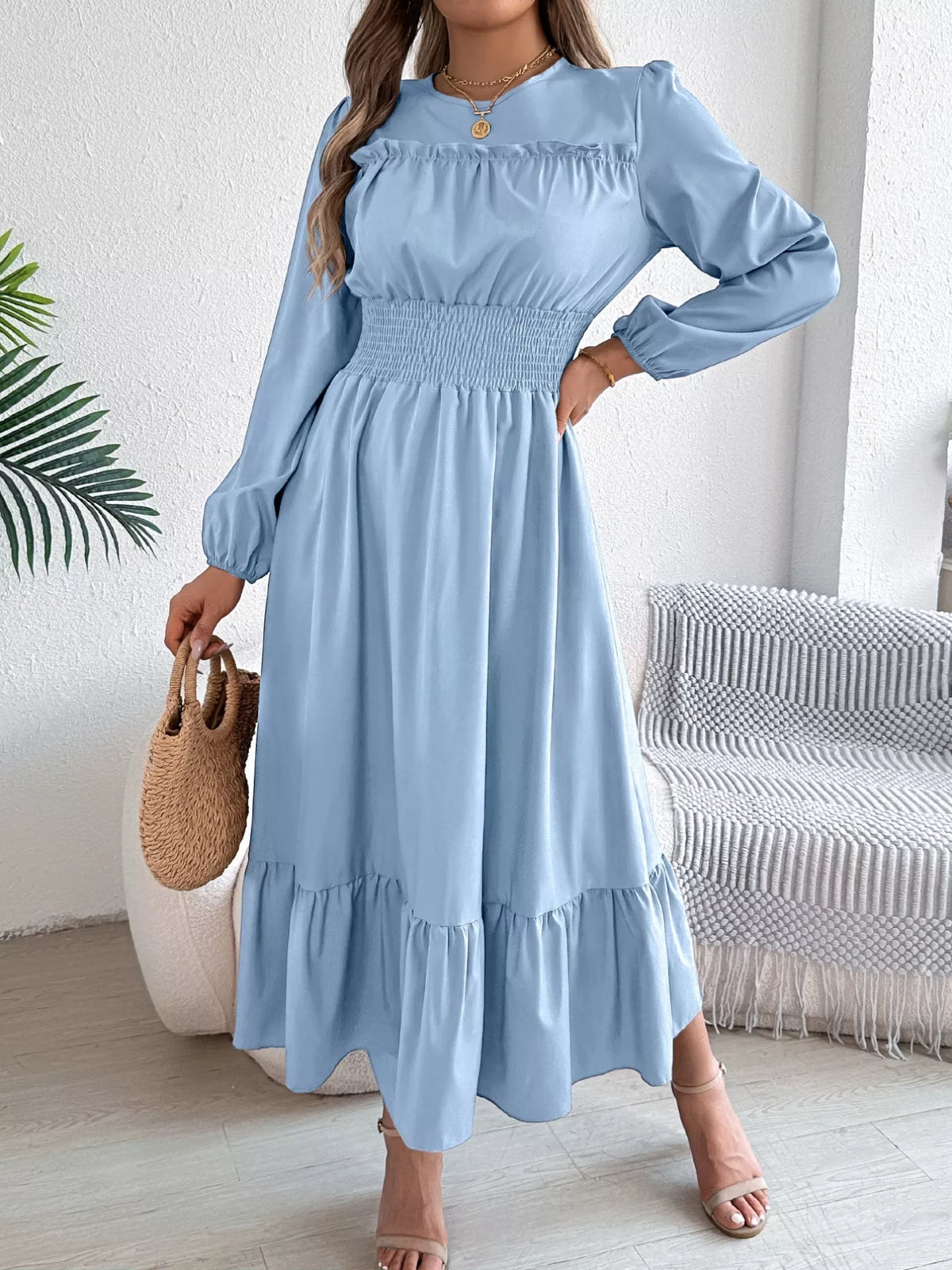 Round Neck Balloon Sleeve Tiered Dress