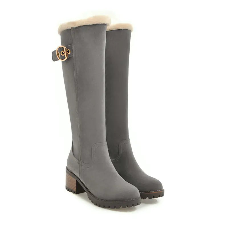 Buckle Embellished Mid-Heel Winter Long Boots