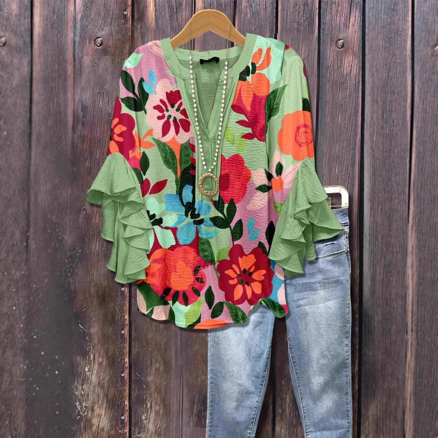 V-neck Fashion Lotus Edge T-shirt Women's Top