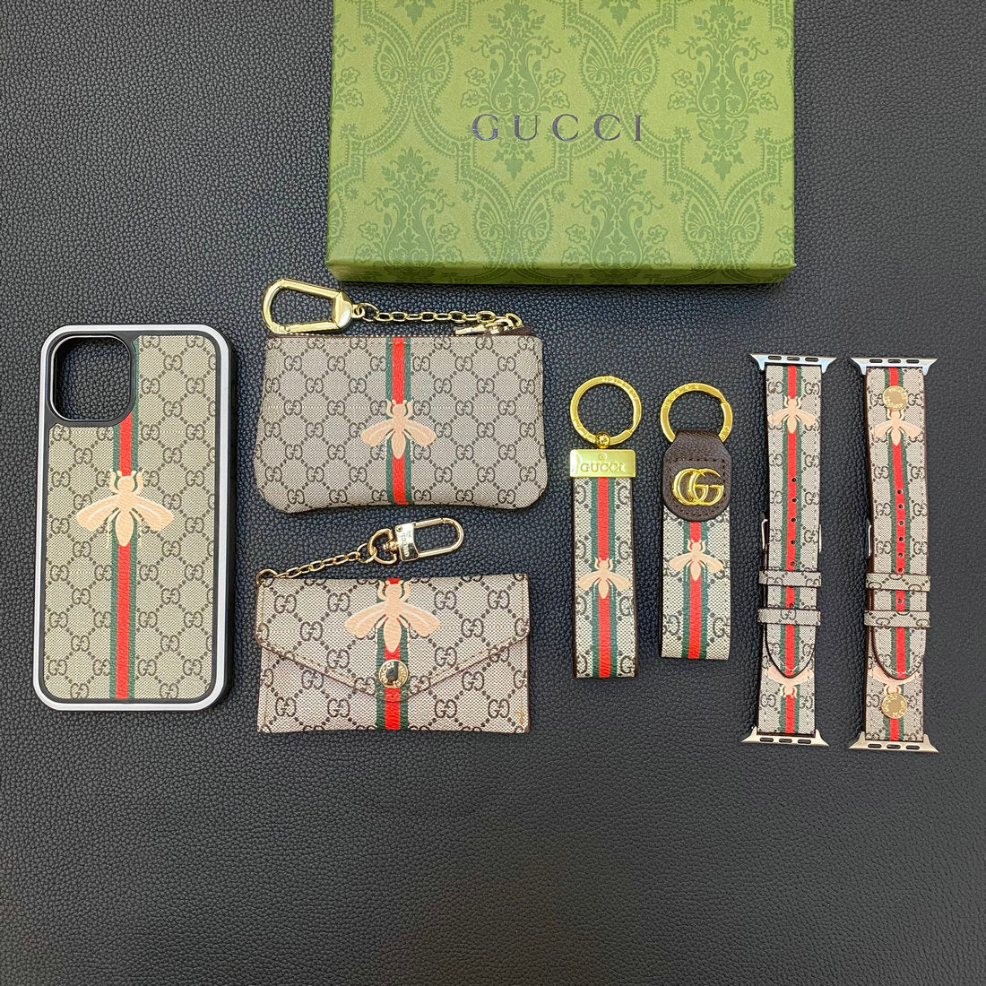 Set de regalo de moda (funda para iPhone+llavero+monedero+tarjetero+correa de reloj)