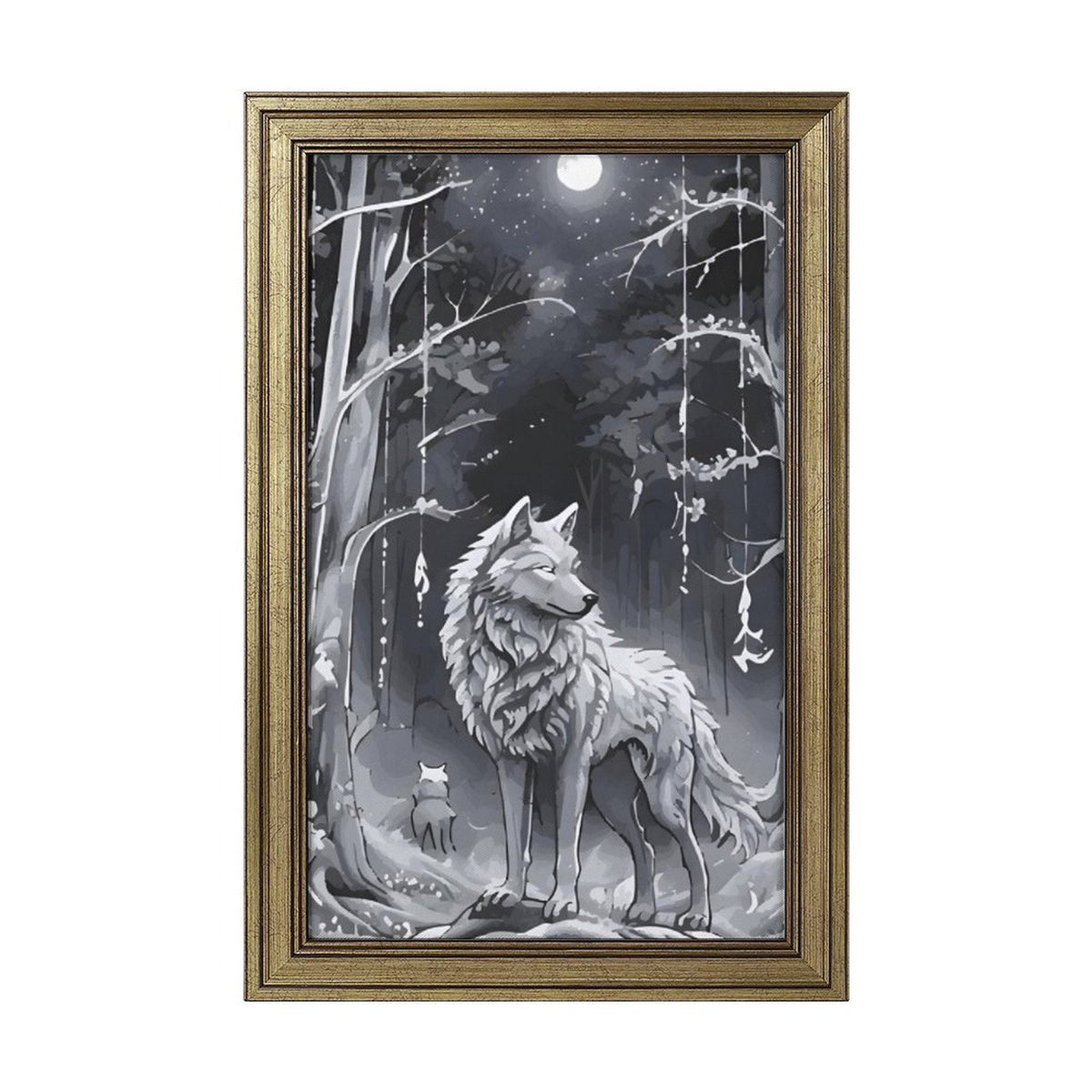 Ethereal Wolf in the Moonlight Framed Vertical Canvas Wall Art Print - 16" × 24"