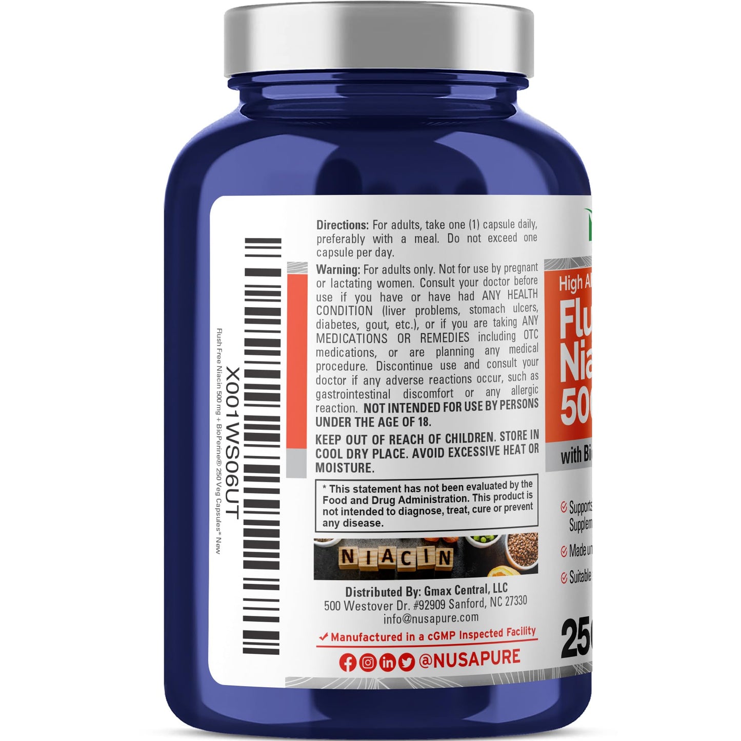 NusaPure FUSH Free Niacin - Suitable for Vegetarian/Vegan, Non - GMO - 500 mg - 250 Capsules