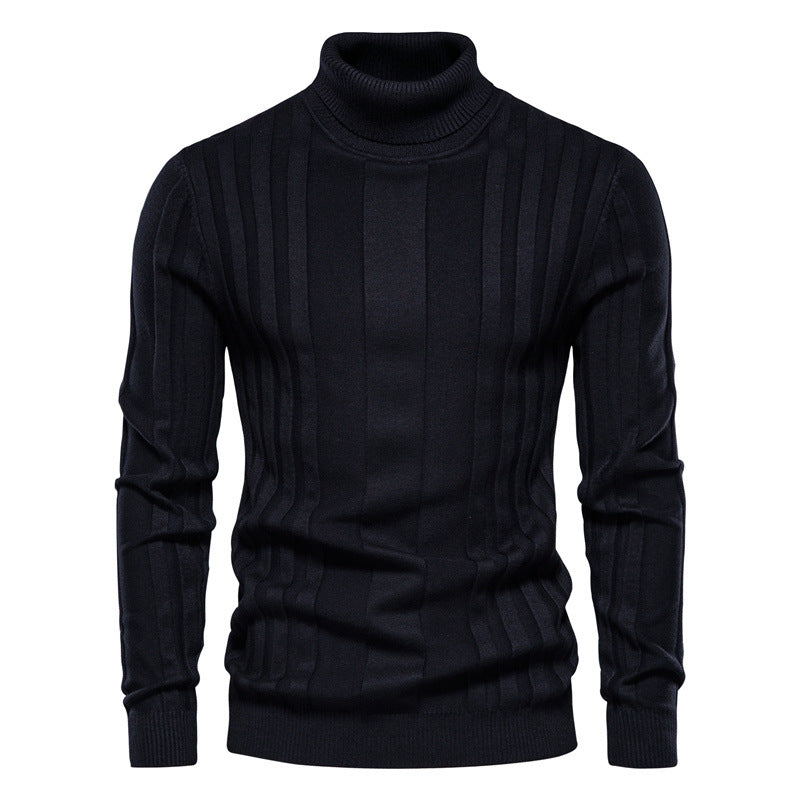 New Men's High-Neck Casual Knit Warm Base Sweater, Solid Color Pullover, Plus Size Slim Fit