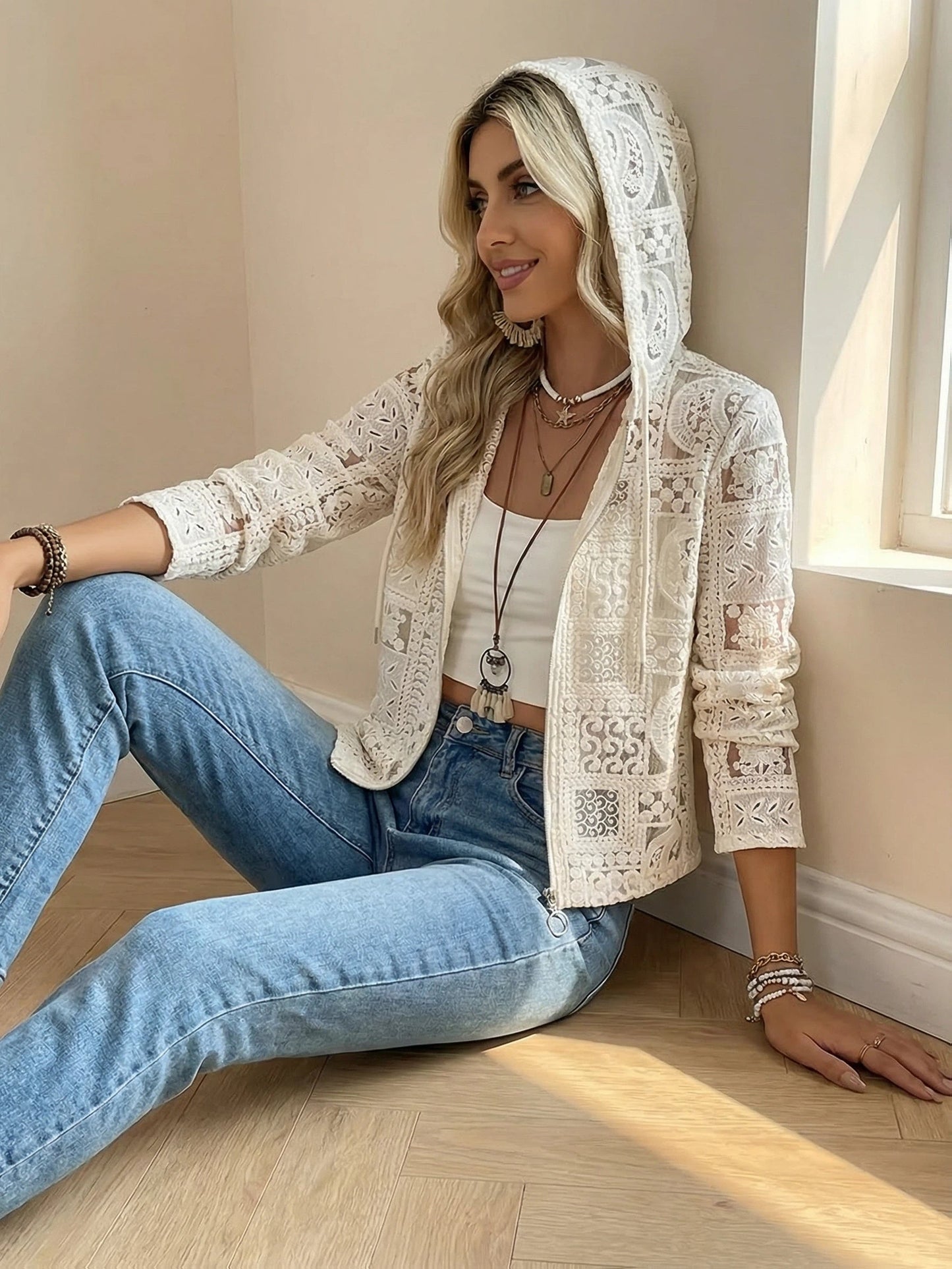 Womens Lace Hooded Cardigan Coat