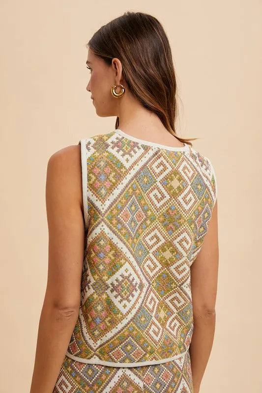Ethnic Woven Jacquard Tie Front Vest