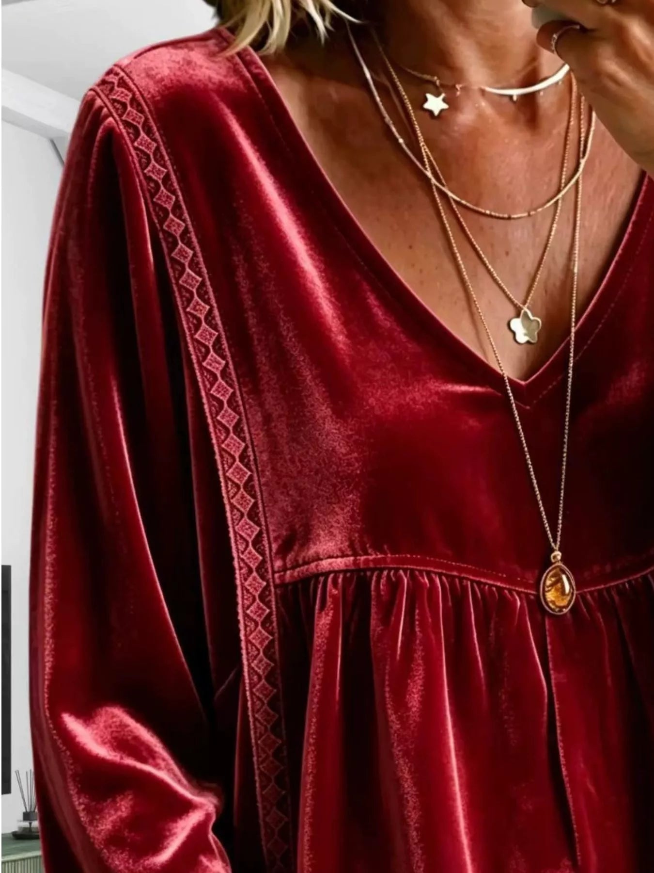 Full Size Velvet Lace Detail V-Neck Blouse Plus Size