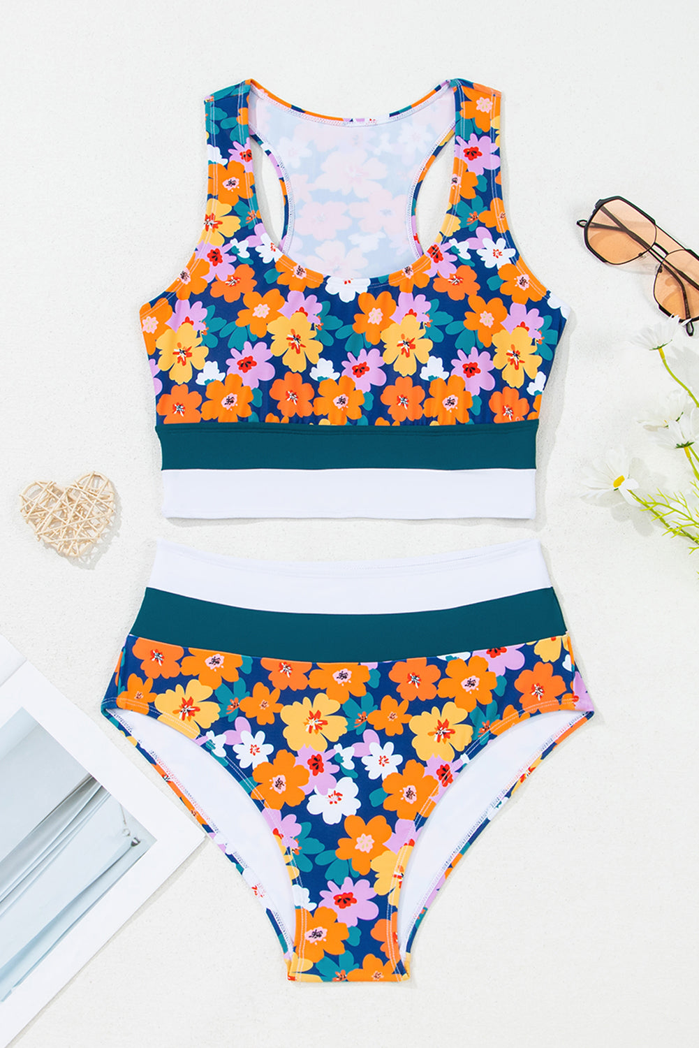 Bikini de Traje de Baño de Cintura Alta con Espalda Cruzada y Estampado Floral Verde