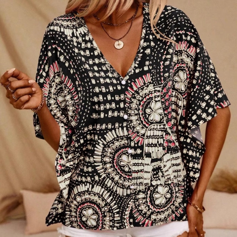 Blusa con cuello en V y estampado de mandala – Top casual de vacaciones