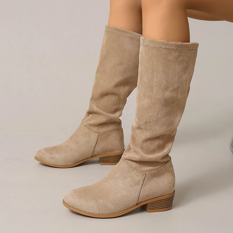 Women's Matte High Calf Knight Boots, Back Zipper, Chunky Wood Grain Heel, Minimalist Straight Shaft, Below Knee, Slim Fitting