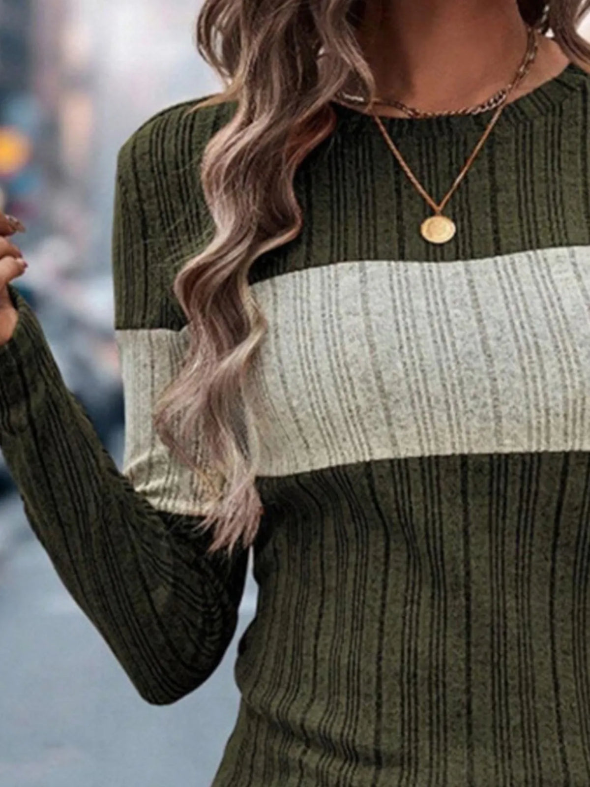 Color Block Round Neck Long Sleeve Sweater