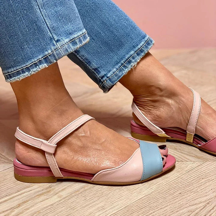 Color Block Open-Toe Low-Heel Buckle Preppy Sandals