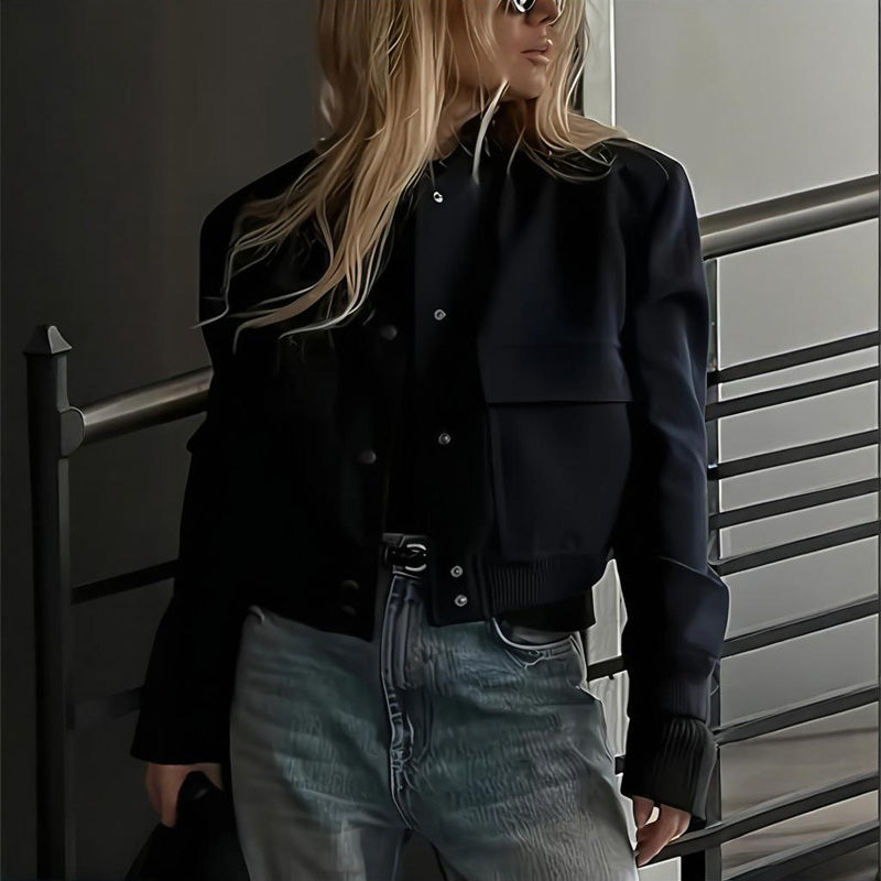 Chaqueta de béisbol de manga larga de color liso para mujer