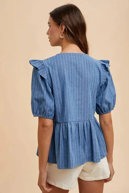 Women's Blouse Peplum Blouse - Stripe Front Bow - Denim Style