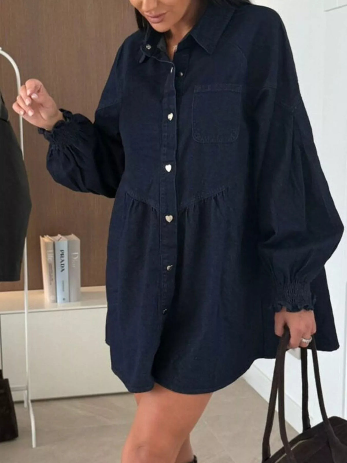 Button Down Mini Denim Dress with Front Pockets