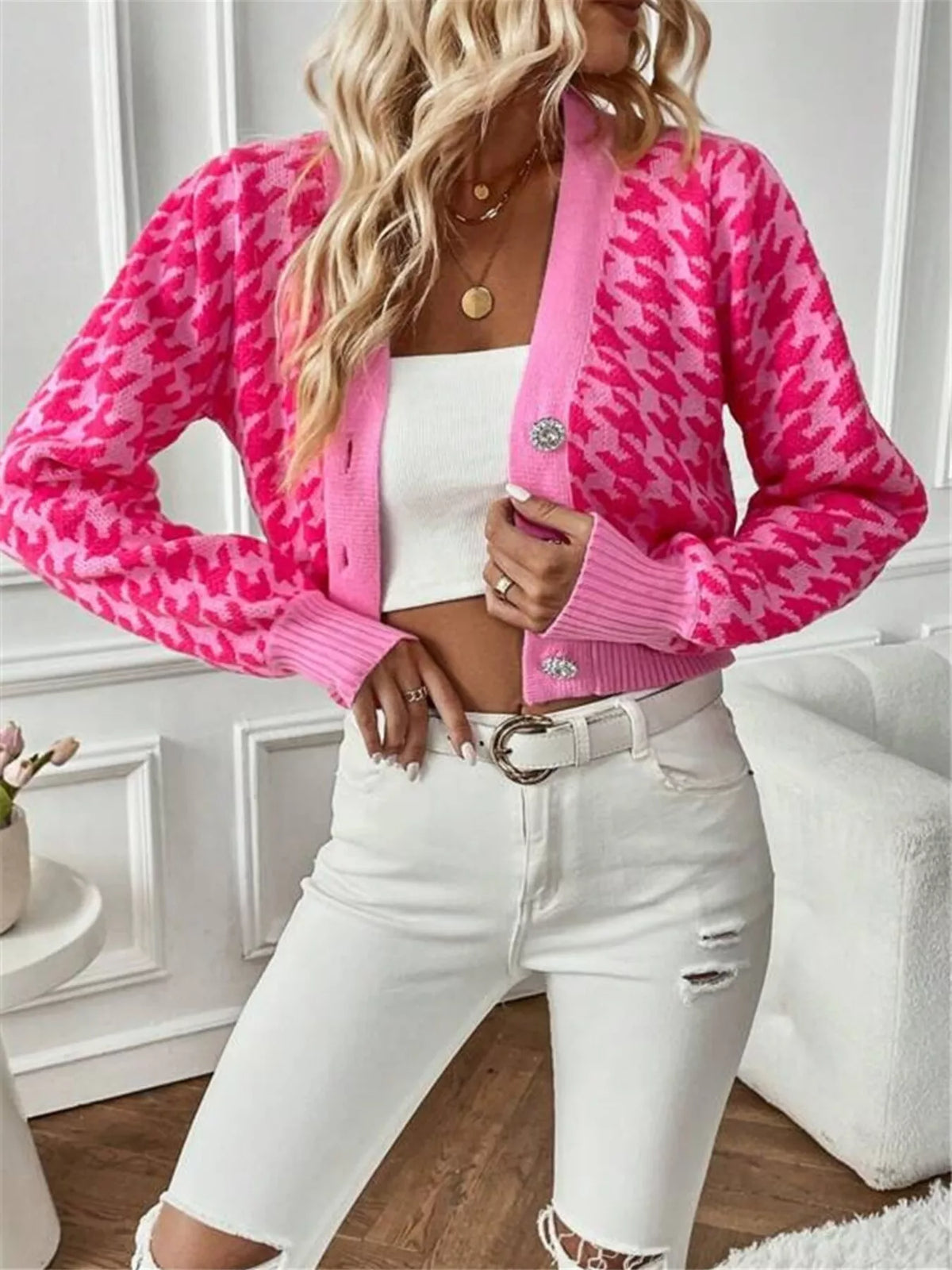 Houndstooth V-Neck Button Up Cardigan