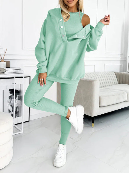 Sudadera informal con capucha, chaleco ajustado con hilo engrosado y pantalones, conjunto de tres piezas. Consulta la tabla de tallas en "más detalles".