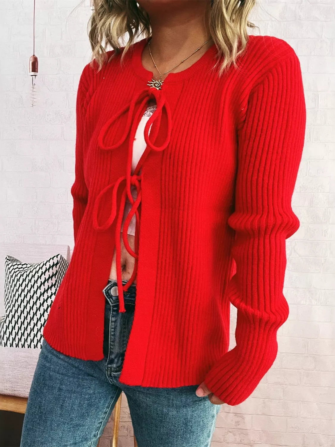 Ribbed Tie Front Long Sleeve Cardigan