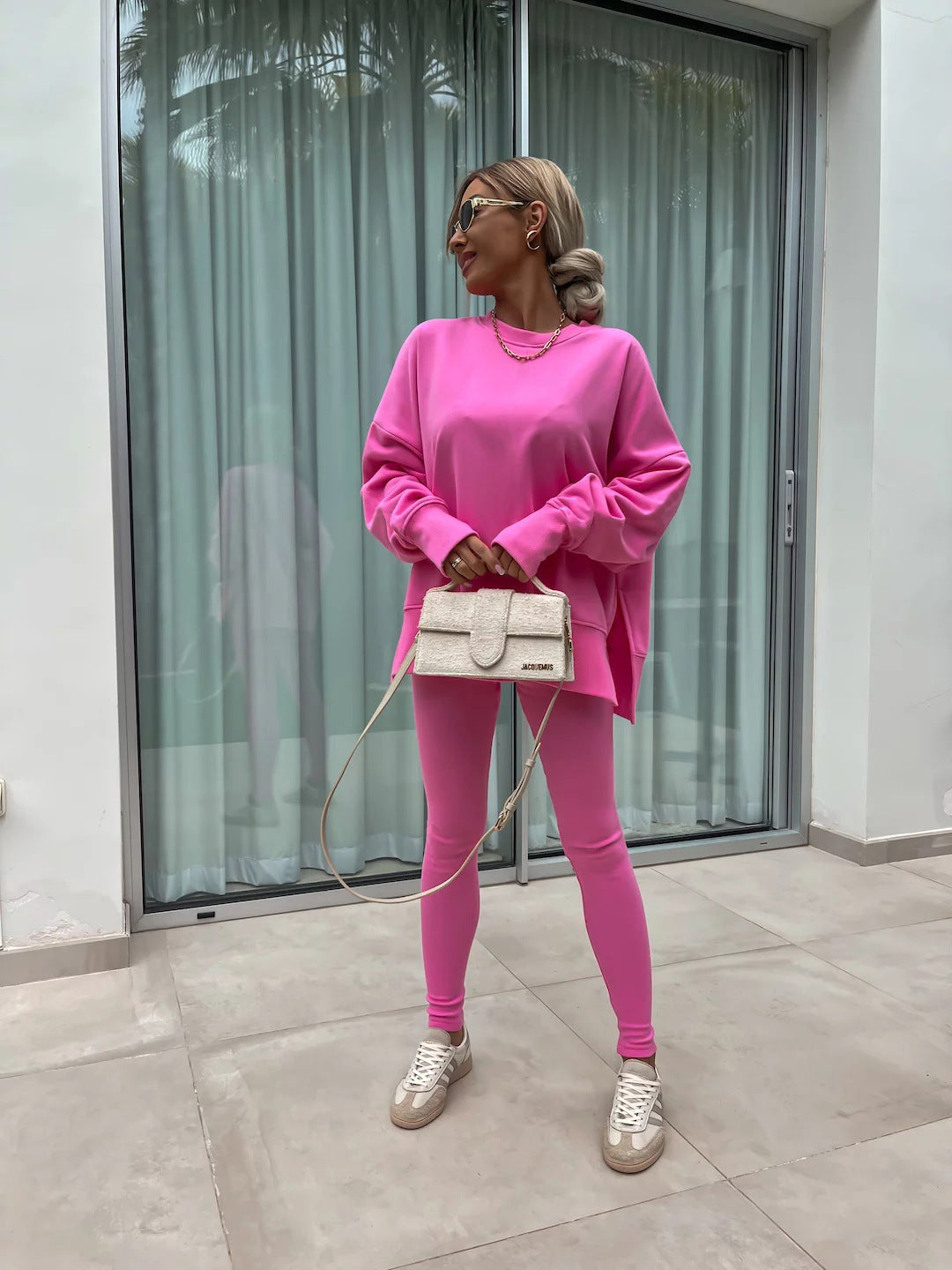 Traje de suéter informal para mujer – Conjunto de top suelto con aberturas y pantalones ajustados