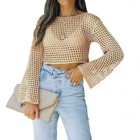Long-sleeve Loose-fit Round-neck Hollow-out Sweater For Export