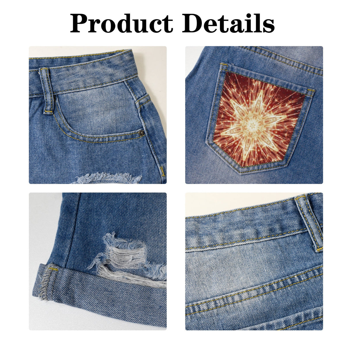 Fiery Star Light-Wash Blue Denim Shorts (Dual Pockets Print)