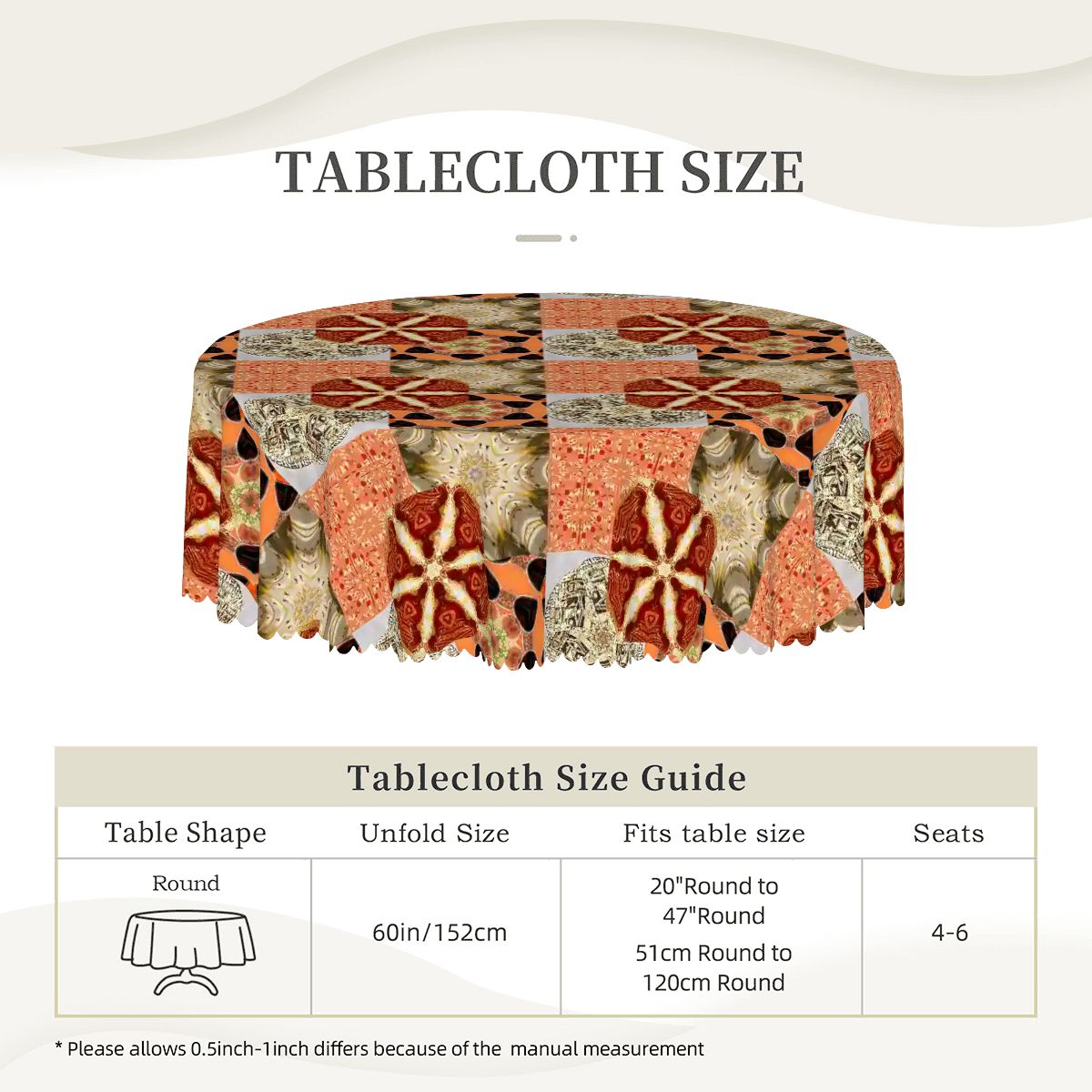 Heritage Revival Quilt Design Round Tablecloth with Wavy Edge - 60" x 60"