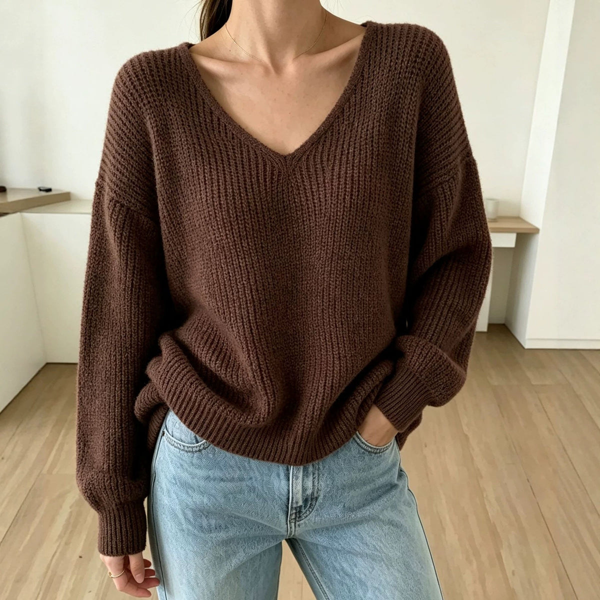 Thickened Long-sleeved Loose-fit V-neck Pullover Sweater For Women