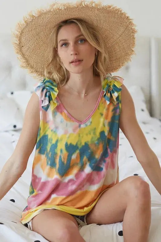 Knit Tank Top Knit Tank - Tie Dye Ruffle - V-Neck