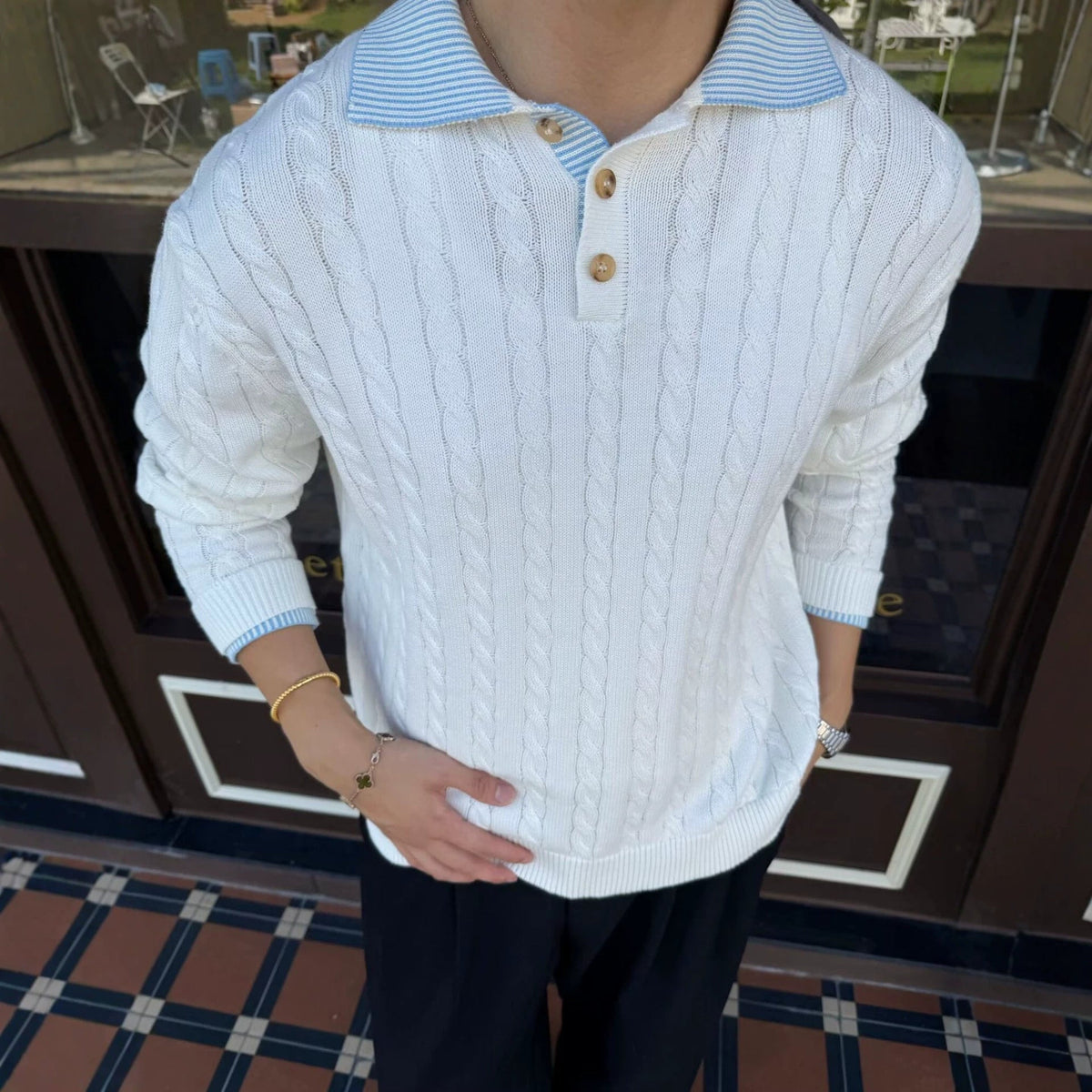 Retro Patchwork Color-Block High-End Cable-Knit Sweater For Men