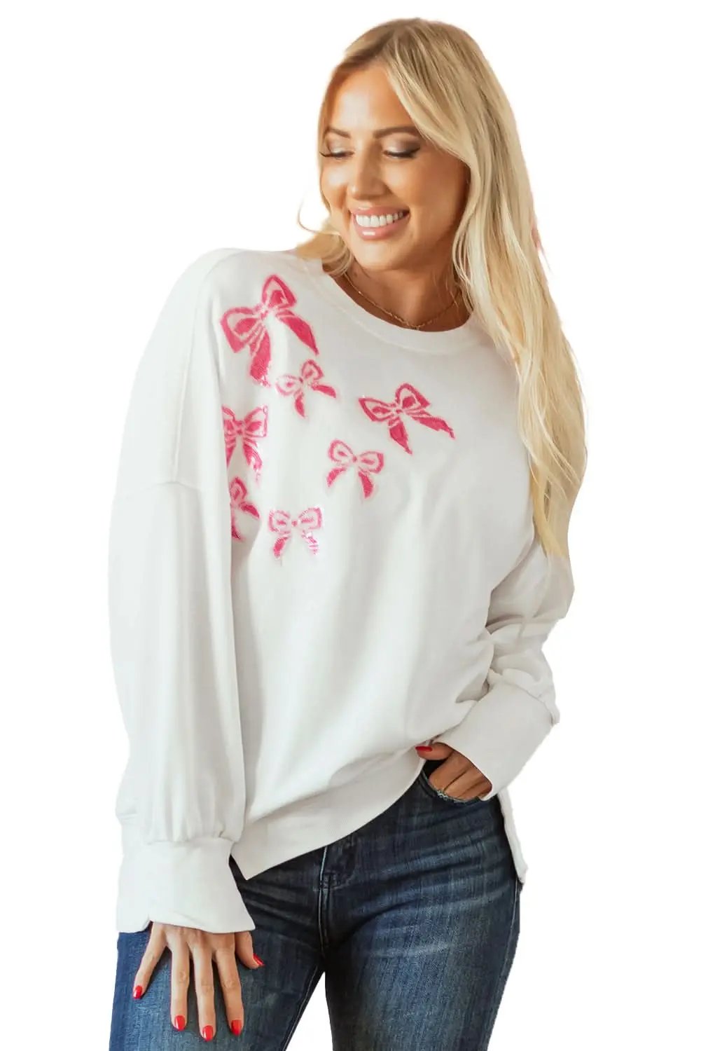 Love Salve Sequin Bow Sweatshirt White Oversized Pullover — Cozy Daily Wear
