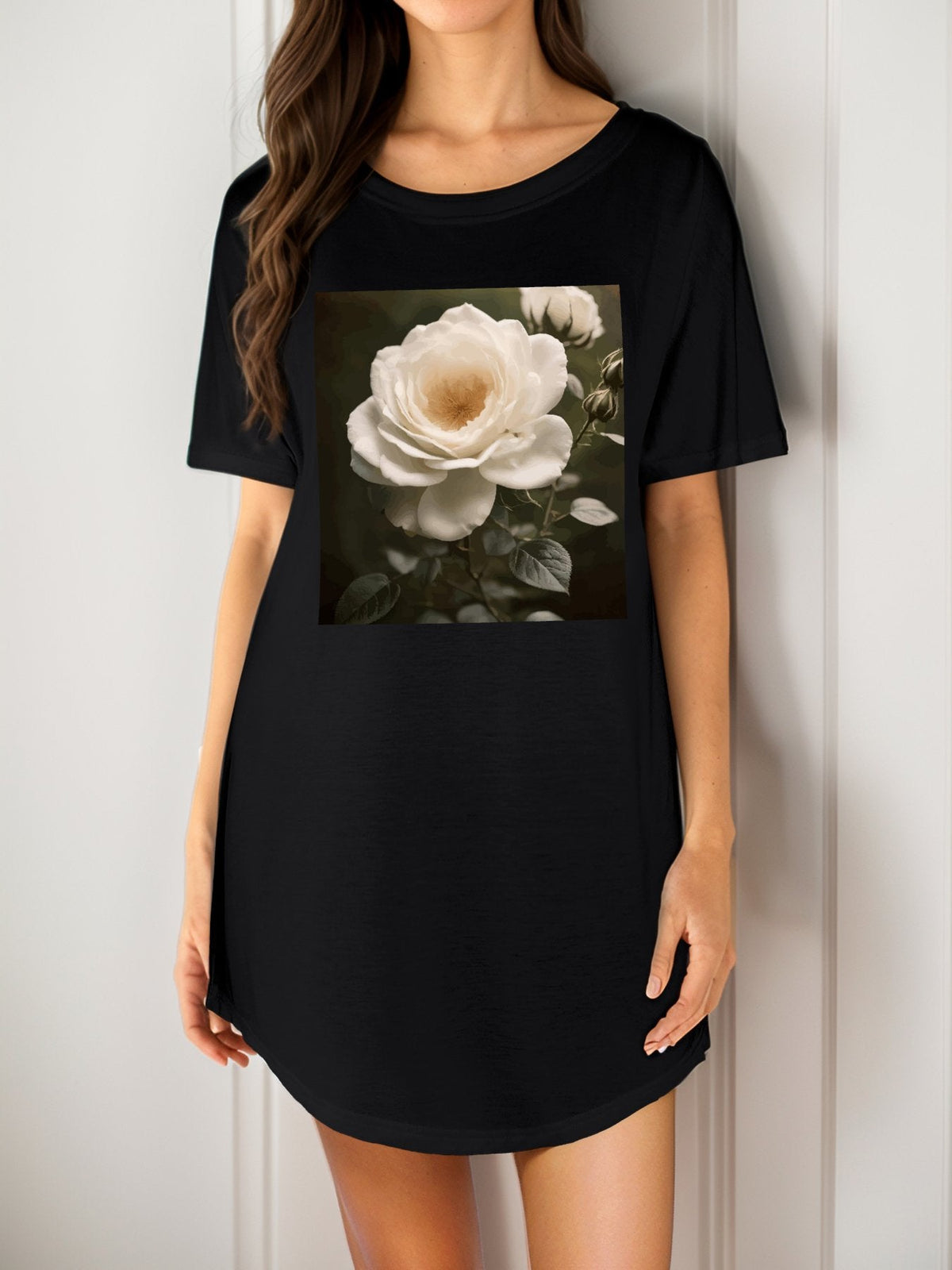 White Rose T-Shirt Dress Nightgown for Women (Front Printing)
