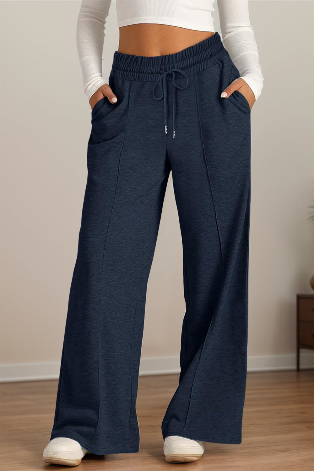 Pantalones de pernera ancha con cintura elástica y cordón ajustable