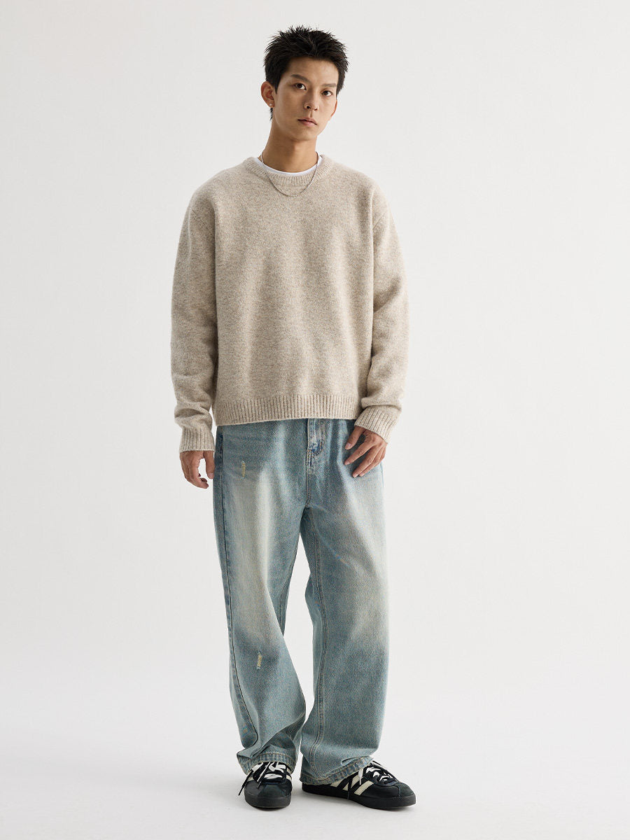 Stuffed Cotton Crewneck Wool Knit Sweater For Commuting