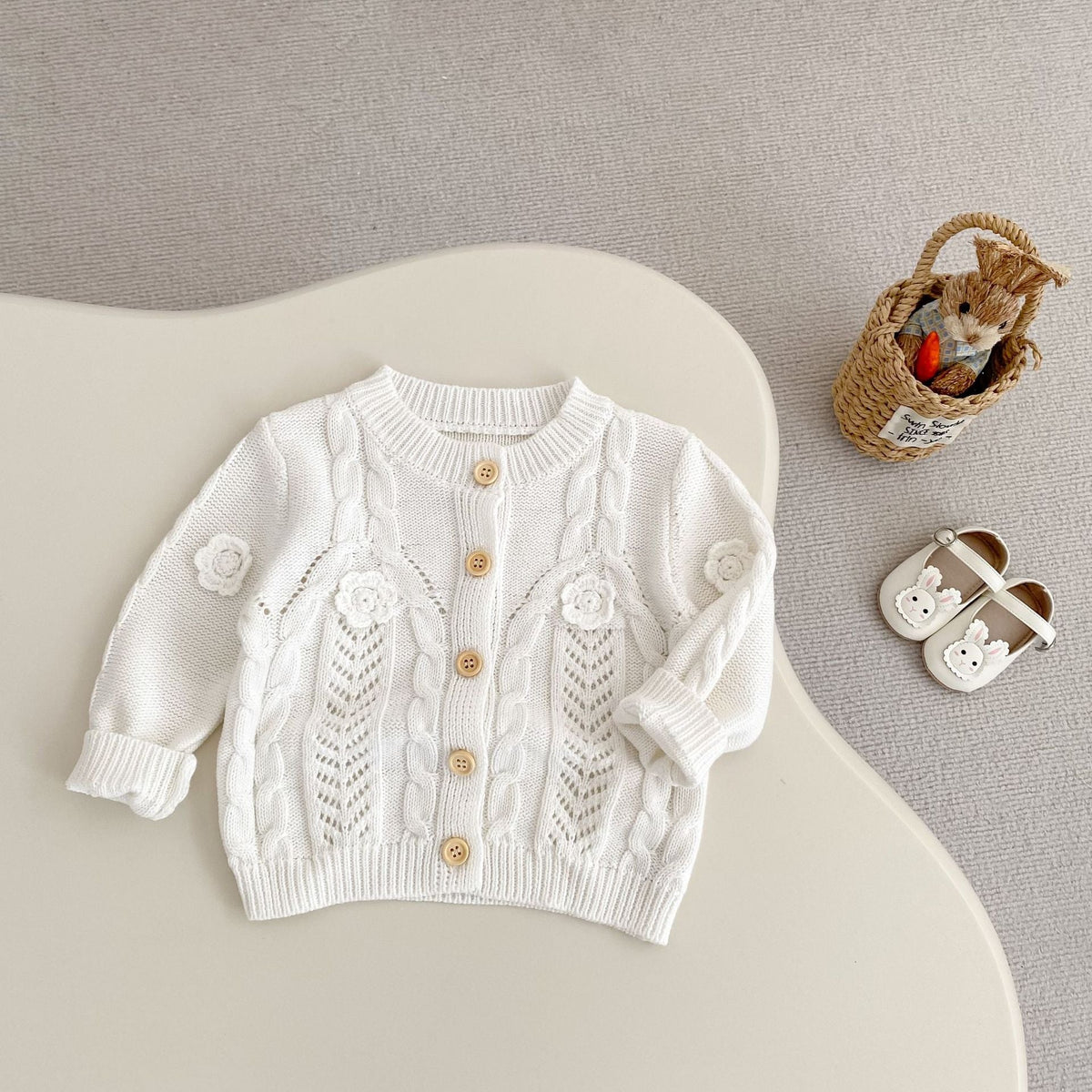 Baby Girl Hand Crocheting Flowers Twist Knit Pure Cotton Jacket