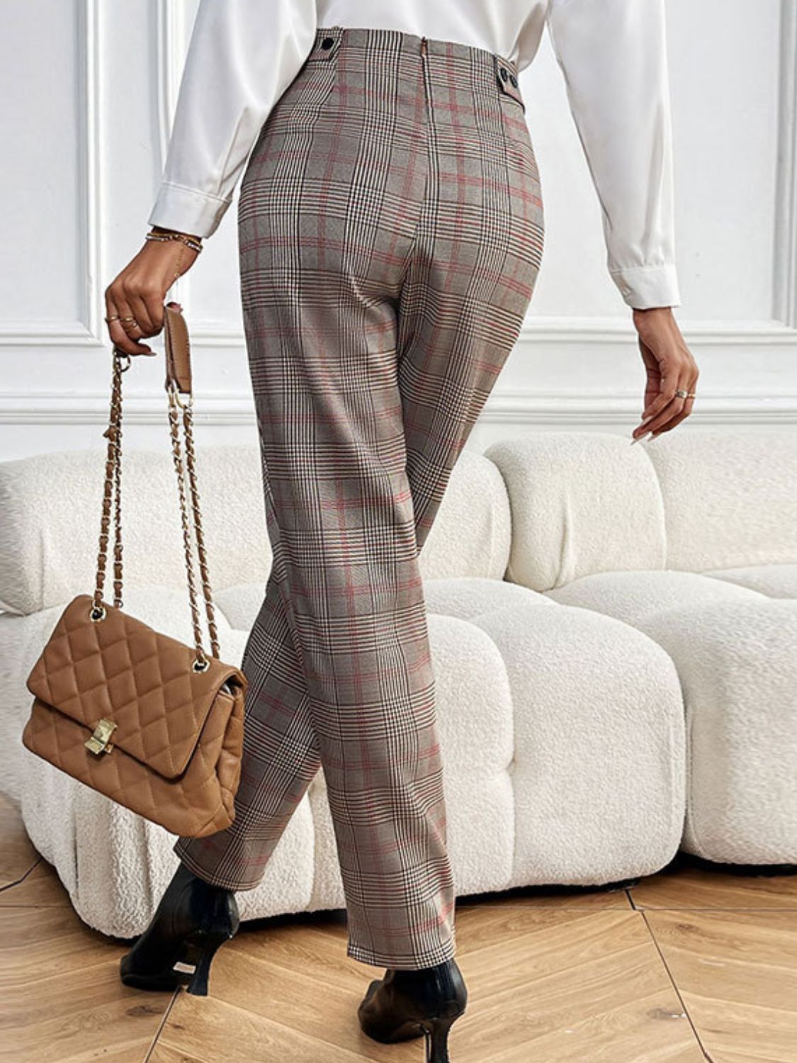 Pantalones Rectos Perfee de Cuadros con Bolsillos
