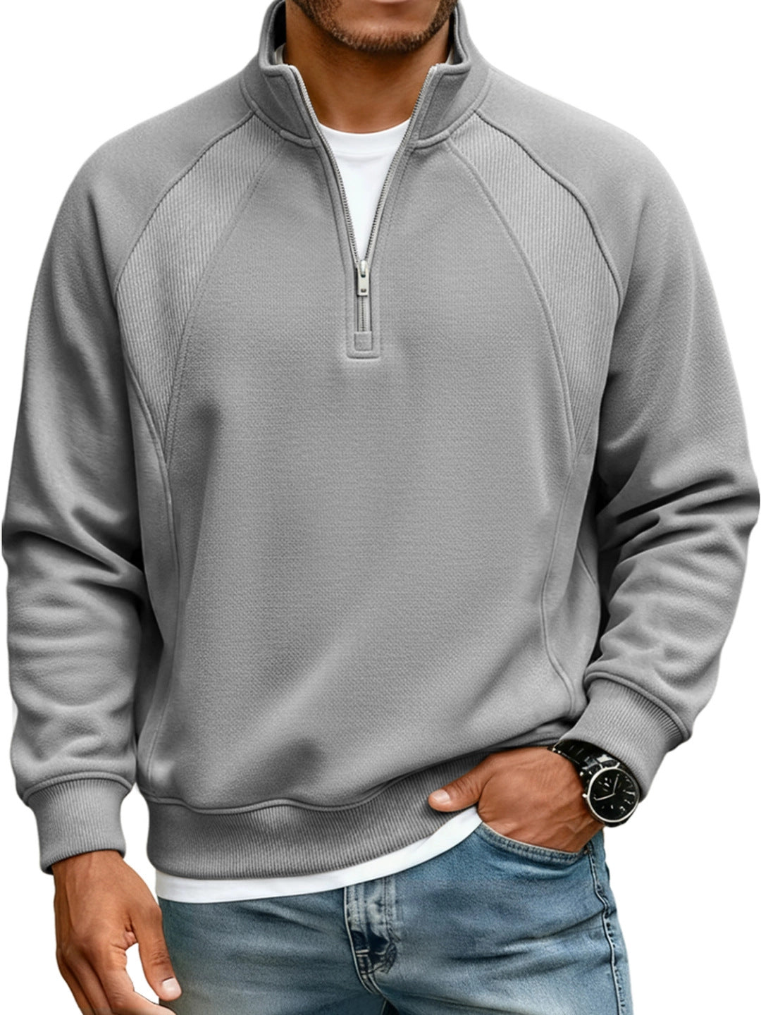 Amazon New Men's Jacket Half-Zip Stand-Up Collar Sweatshirt Men's T-Shirt Long-Sleeved Solid Color Splicing Loose Fit