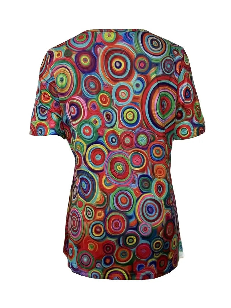 Camiseta de manga corta con estampado de caramelos rojos y cuello en V, holgada e informal para el verano