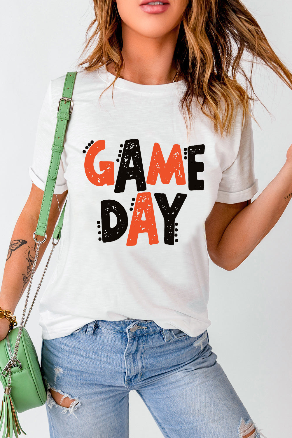 Camiseta informal blanca con letras divertidas GAME DAY
