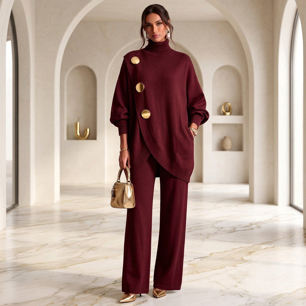 Women's Asymmetric High-Neck Sweater & Wide-Leg Pants Set