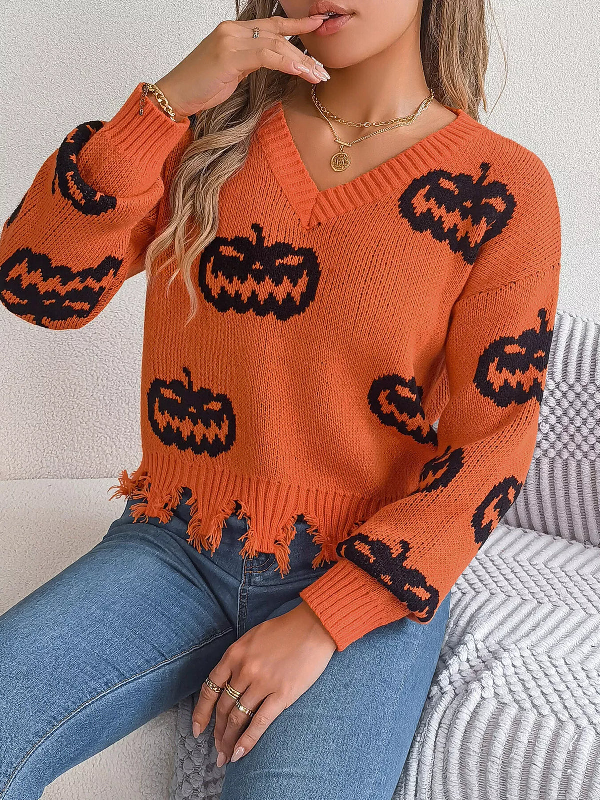 Halloween Pumpkin Pattern Raw Hem V-Neck Sweater