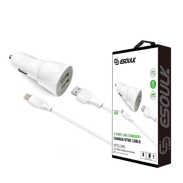 Cargador de coche de viaje de doble USB de 12 W 2.4 A con cable de carga de 1.5 metros