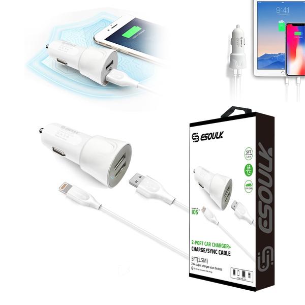 Cargador de coche de viaje de doble USB de 12 W 2.4 A con cable de carga de 1.5 metros