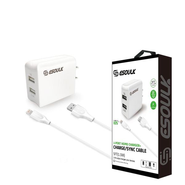 12W 2.4A Dual USB Travel Wall Charger With 5FT Charging Cable For IPhone XS MAX/XS/XR/X/8/7