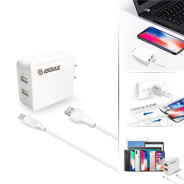 12W 2.4A Dual USB Travel Wall Charger With 5FT Charging Cable For IPhone XS MAX/XS/XR/X/8/7