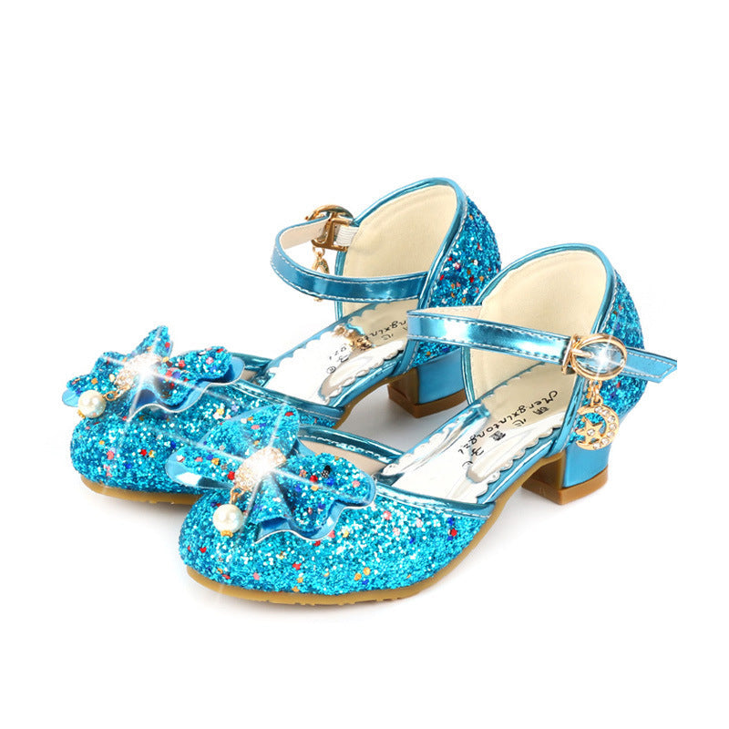 Four Seasons Children's Shoes Girls High Heel Shoes Little Princess Performance Leather Shoes Silver Children Pumps Middle And Big Children Catwalk Crystal Shoes