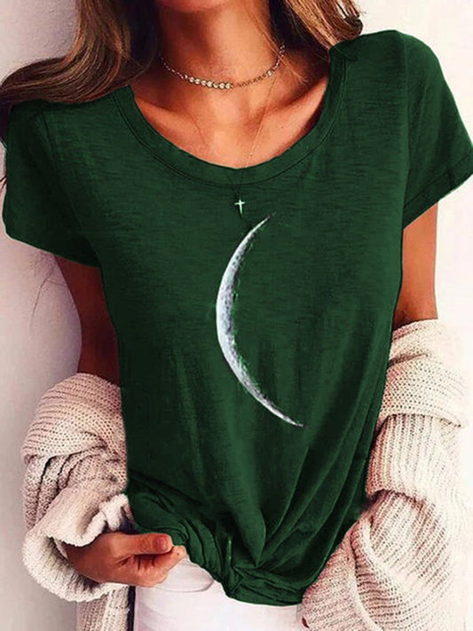 Camiseta estampada con cuello ancho – Top casual de manga corta para mujer