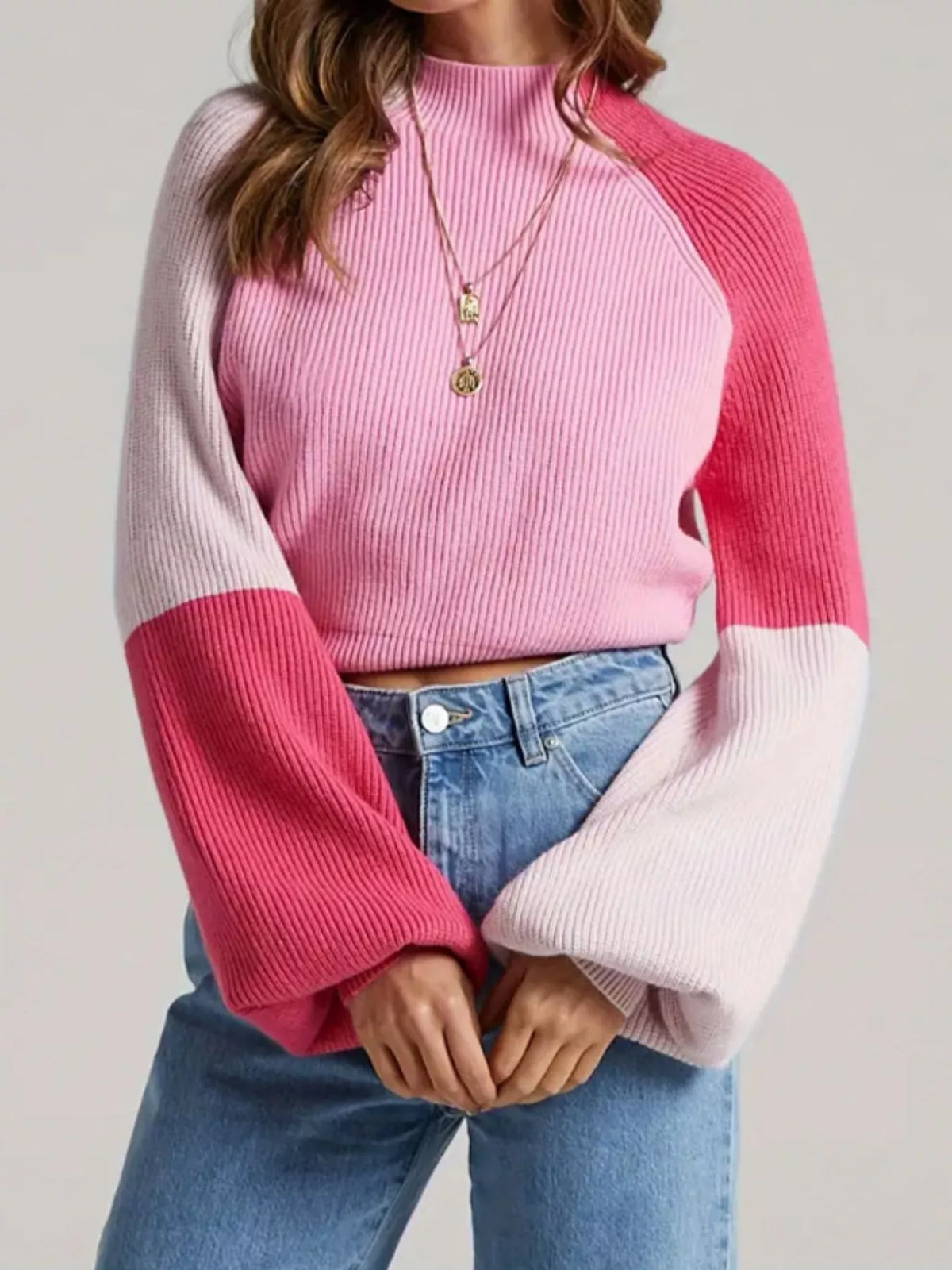 Color Block Mock Neck Sweater