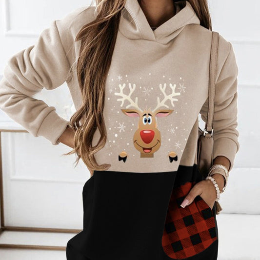 Vestido de sudadera con capucha de cuadros escoceses y ciervos para mujer